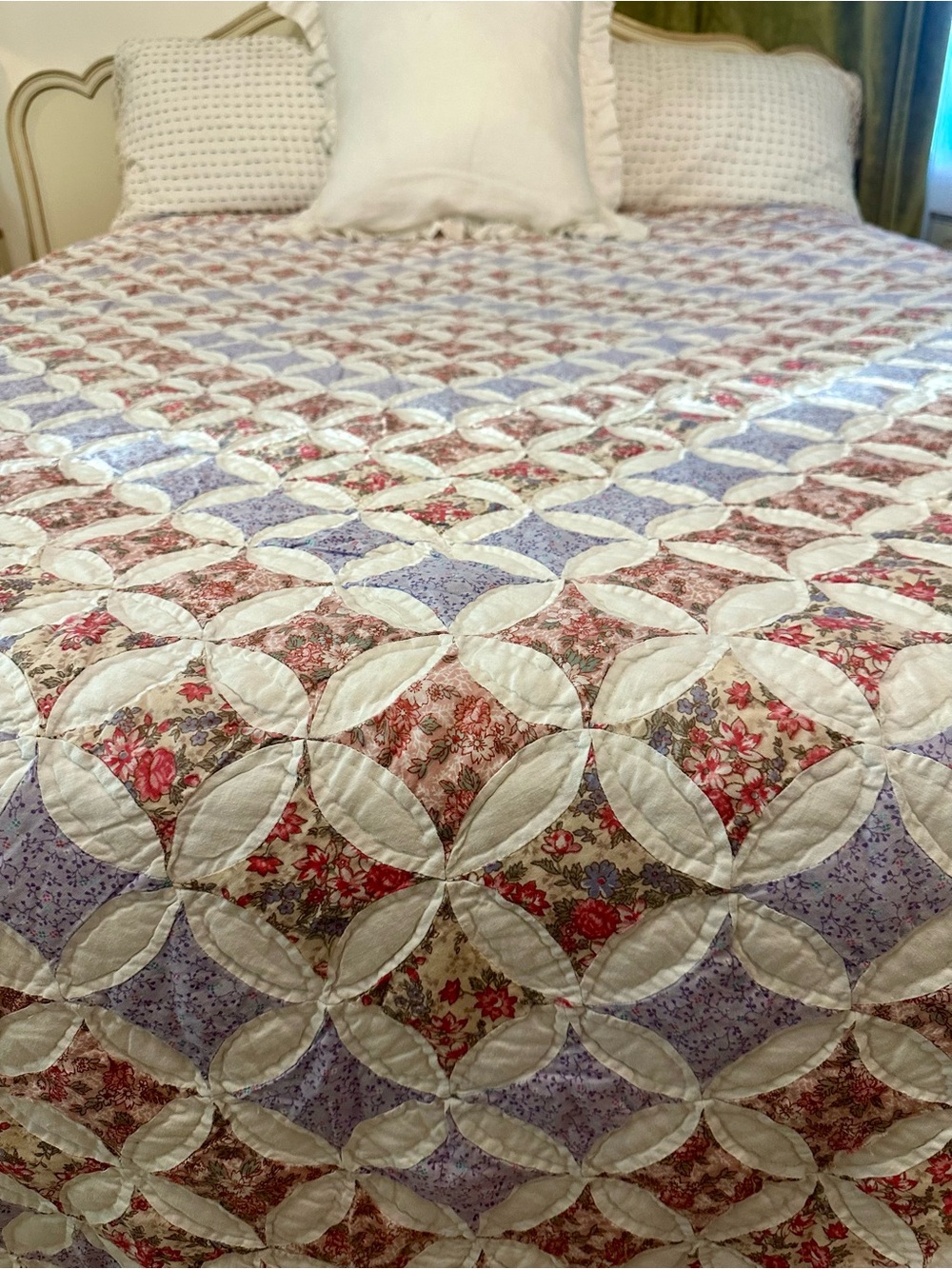 Handmade Patchwork Quilted Bedspread in Lavender, Pink and Cream